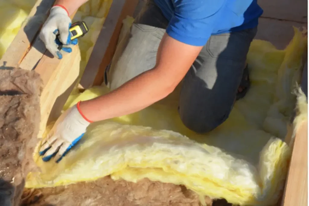 Fachowiec wykonujący izolację wełną mineralną. Źródło: Canva.com